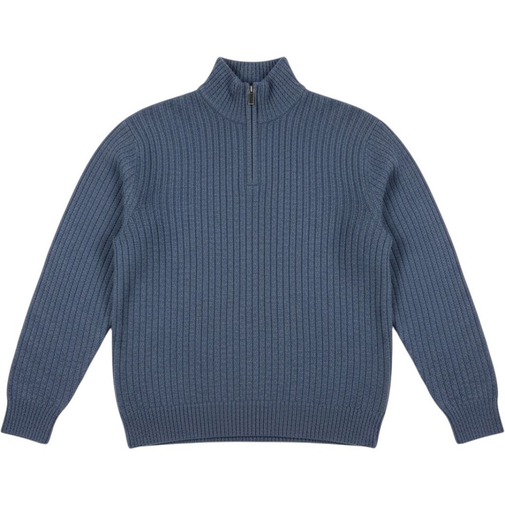 Oscar de la Renta Mens Blue Quarter Zip Pullover Sweater Ribbed Cotton Blend L